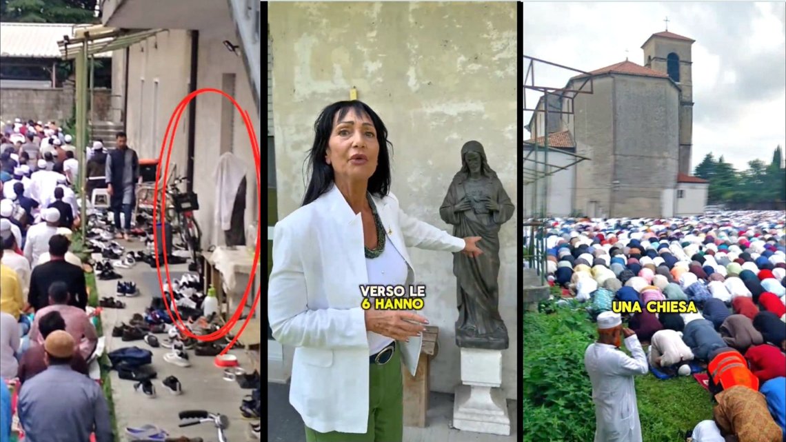Jesus ble dekket til da tusener av muslimer fikk bruke en italiensk kirke for islamfeiring 6. juni 2025. Den italienske politikeren Anna Maria Cisint er rasende. Skjermdump fra X. Jesus ble dekket til da tusener av muslimer fikk bruke en italiensk kirke for islamfeiring 6. juni 2025. Den italienske politikeren Anna Maria Cisint er rasende. Skjermdump fra X.