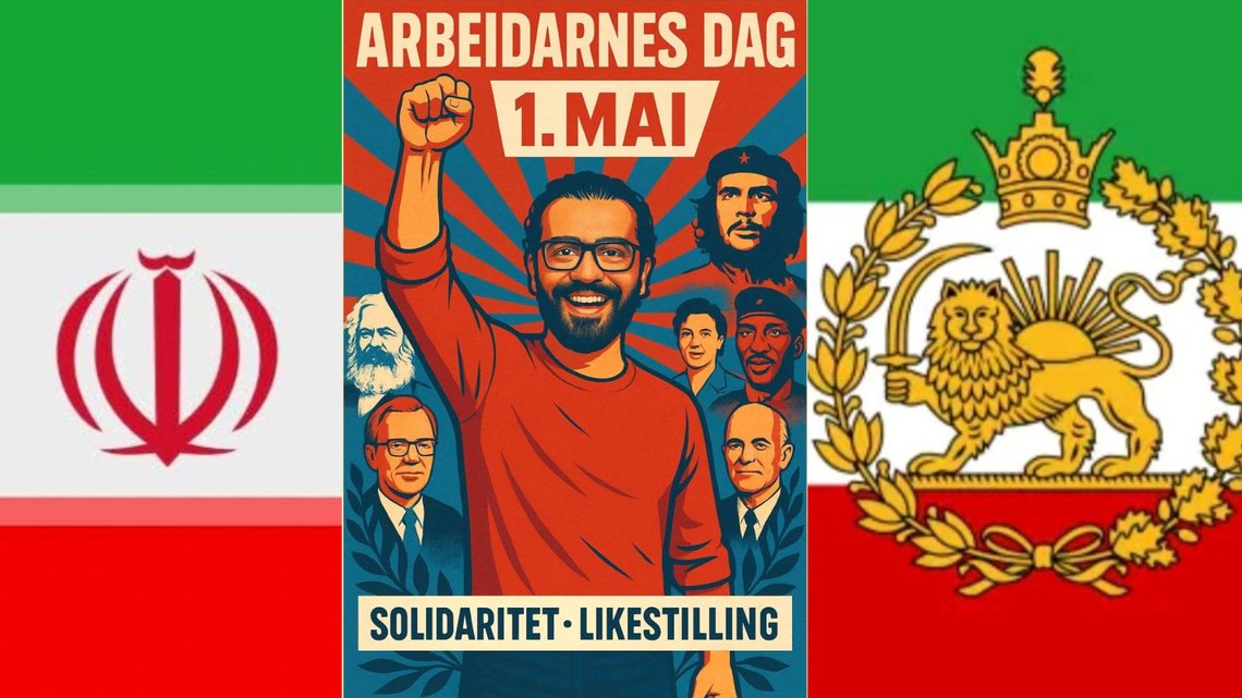 Ap-politiker Karim Tahir i Trondheim har stor forståelse for mullah-regimet i Iran. Her mellom det iranske statsflagget frem til revolusjonen i 1979, og dagens islamske republikk (t.v.). Bildet av ham selv mellom Marx og Che Guevara m.fl. la han selv ut 1. mai. Skjermdump. Ap-politiker Karim Tahir i Trondheim har stor forståelse for mullah-regimet i Iran. Her mellom det iranske statsflagget frem til revolusjonen i 1979, og dagens islamske republikk (t.v.). Bildet av ham selv mellom Marx og Che Guevara m.fl. la han selv ut 1. mai. Skjermdump.