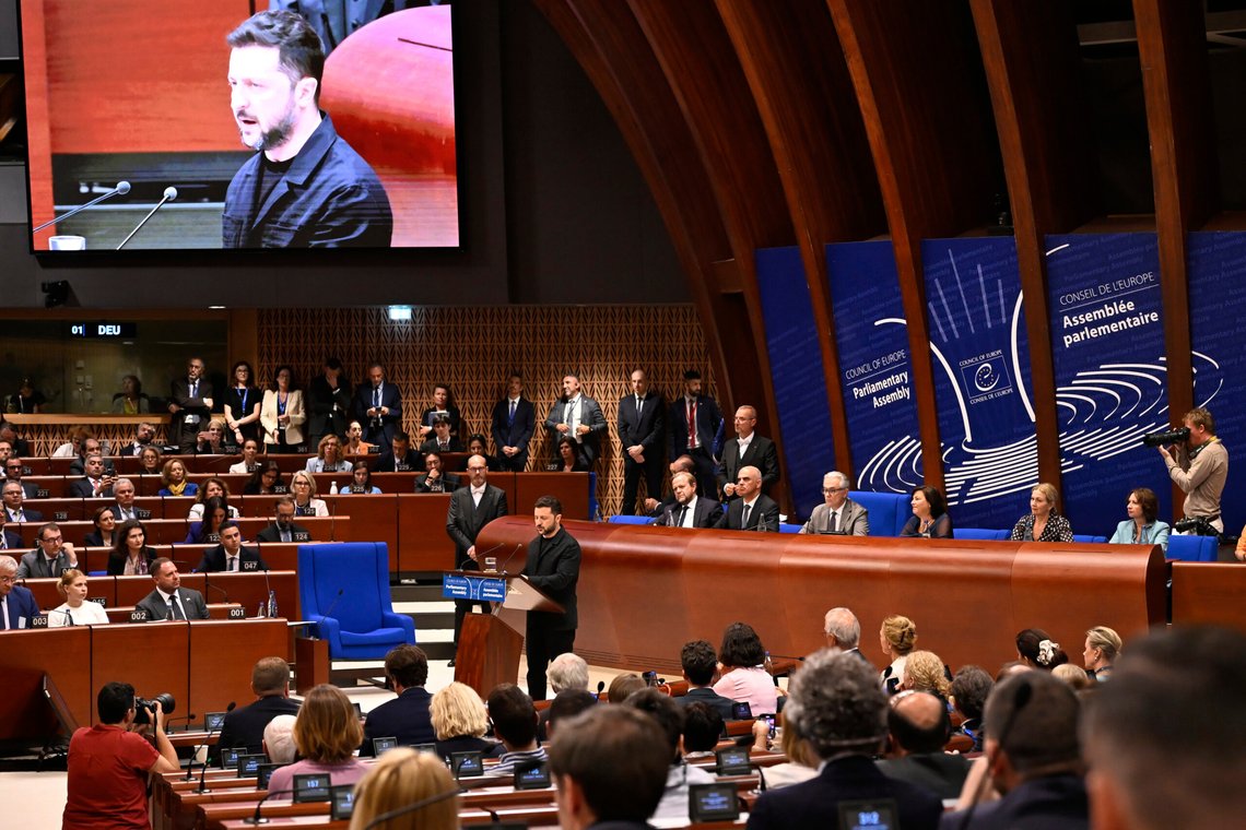 Ukraine's President Volodymyr Zelenskyy, delivers a speech at the Council of Europe after signing the legal instruments necessary to launch the Special Tribunal for the Crime of Aggression against Ukraine, in Strasbourg, eastern France, Wednesday, June 25, 2025. (AP Photo/Pascal Bastien) Ukraine's President Volodymyr Zelenskyy, delivers a speech at the Council of Europe after signing the legal instruments necessary to launch the Special Tribunal for the Crime of Aggression against Ukraine, in Strasbourg, eastern France, Wednesday, June 25, 2025. (AP Photo/Pascal Bastien)