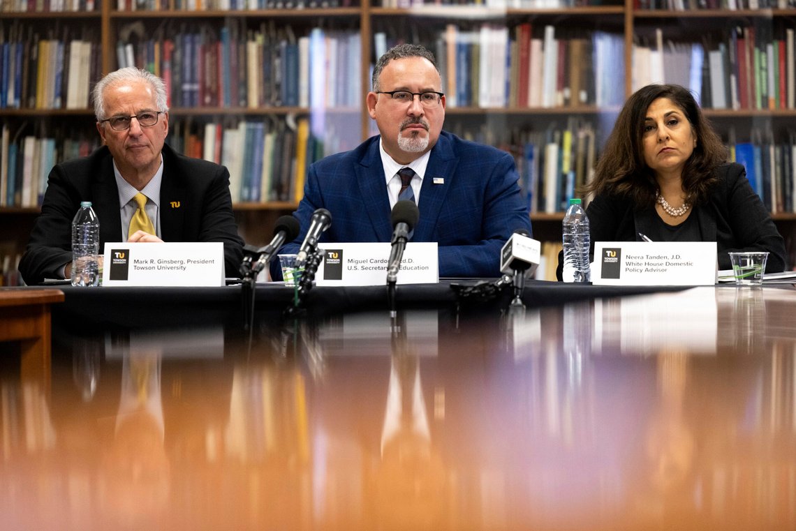 Education Secretary Miguel Cardona, domestic policy adviser Neera Tanden and Towson University president Mark Ginsberg meet with students during a visit to Towson University to discuss antisemitism on college campuses, Thursday, Nov. 2, 2023, in Towson, Md. (AP Photo/Julia Nikhinson) Education Secretary Miguel Cardona, domestic policy adviser Neera Tanden and Towson University president Mark Ginsberg meet with students during a visit to Towson University to discuss antisemitism on college campuses, Thursday, Nov. 2, 2023, in Towson, Md. (AP Photo/Julia Nikhinson)