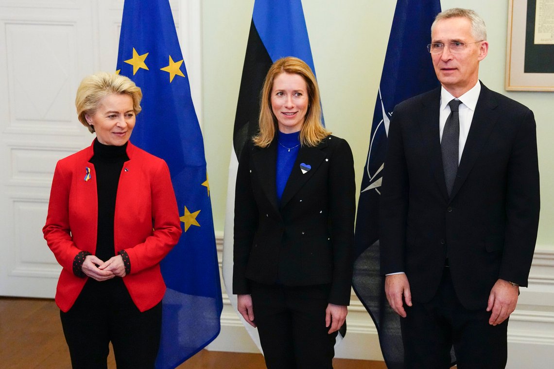 From left, European Commission President Ursula von der Leyen, Estonian Prime Minister Kaja Kallas and NATO Secretary General Jens Stoltenberg pose for a picture as they attend celebrations of the 105th anniversary of the Republic of Estonia, in Tallinn, Estonia, Friday, Feb. 24, 2023. (AP Photo/Pavel Golovkin) From left, European Commission President Ursula von der Leyen, Estonian Prime Minister Kaja Kallas and NATO Secretary General Jens Stoltenberg pose for a picture as they attend celebrations of the 105th anniversary of the Republic of Estonia, in Tallinn, Estonia, Friday, Feb. 24, 2023. (AP Photo/Pavel Golovkin)