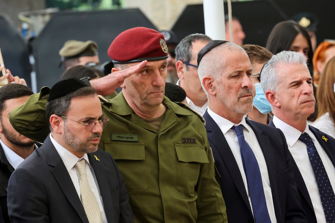 Chief of the General Staff Lieutenant-General Herzi Halevi, center, the Director the Security Agency Ronen Bar, center right, and Israel's Chief of the Mossad David Barnea, right, attend a ceremony marking the Hebrew calendar anniversary of the Hamas attack on October 7 last year, at the Mount Herzl military cemetery in Jerusalem, Israel Sunday Oct. 27, 2024. (Gil Cohen-Magen/Pool Photo via AP) Chief of the General Staff Lieutenant-General Herzi Halevi, center, the Director the Security Agency Ronen Bar, center right, and Israel's Chief of the Mossad David Barnea, right, attend a ceremony marking the Hebrew calendar anniversary of the Hamas attack on October 7 last year, at the Mount Herzl military cemetery in Jerusalem, Israel Sunday Oct. 27, 2024. (Gil Cohen-Magen/Pool Photo via AP)