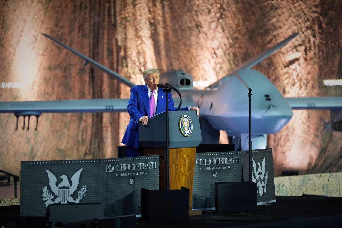 President Donald Trump speaks backdropped by an MQ-9 Reaper drone at the Al Udeid Air Base, Thursday, May 15, 2025, in Doha, Qatar. (AP Photo/Alex Brandon) President Donald Trump speaks backdropped by an MQ-9 Reaper drone at the Al Udeid Air Base, Thursday, May 15, 2025, in Doha, Qatar. (AP Photo/Alex Brandon)
