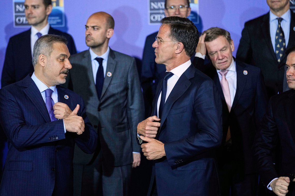 Turkey's Foreign Minister Hakan Fidan, left, talks to NATO Secretary-General Mark Rutte, center, next to U.S. Secretary of State Marco Rubio, partially seen at right, as they wait for a group photo during a NATO's informal meeting of foreign ministers in Antalya, southern Turkey, Thursday, May 15, 2025. (AP Photo/Khalil Hamra) Turkey's Foreign Minister Hakan Fidan, left, talks to NATO Secretary-General Mark Rutte, center, next to U.S. Secretary of State Marco Rubio, partially seen at right, as they wait for a group photo during a NATO's informal meeting of foreign ministers in Antalya, southern Turkey, Thursday, May 15, 2025. (AP Photo/Khalil Hamra)