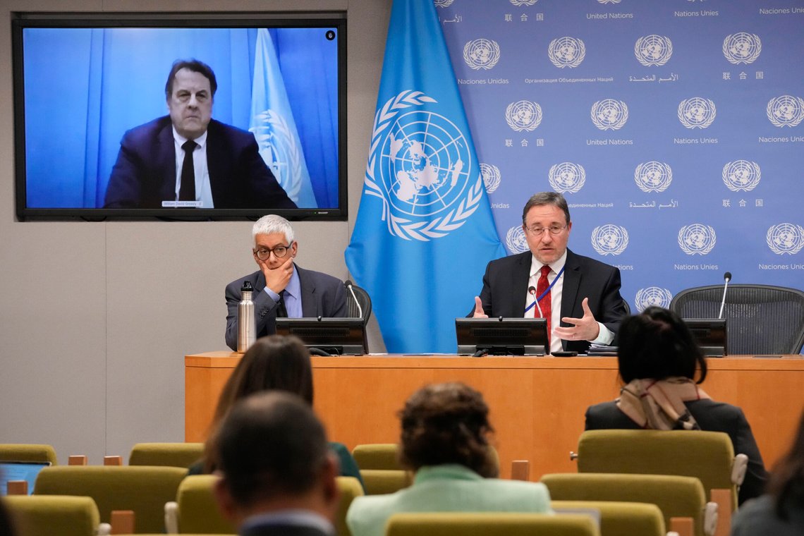 United Nations Development Programme Administrator Achim Steiner, right, and Deputy Spokesman of the U.N. Secretary-General Farhan Haq are joined via video conference by U.N. Resident and Humanitarian Coordinator for Yemen David Gressly during a news conference, Thursday, March 9, 2023 at U.N. headquarters. (AP Photo/Mary Altaffer) United Nations Development Programme Administrator Achim Steiner, right, and Deputy Spokesman of the U.N. Secretary-General Farhan Haq are joined via video conference by U.N. Resident and Humanitarian Coordinator for Yemen David Gressly during a news conference, Thursday, March 9, 2023 at U.N. headquarters. (AP Photo/Mary Altaffer)