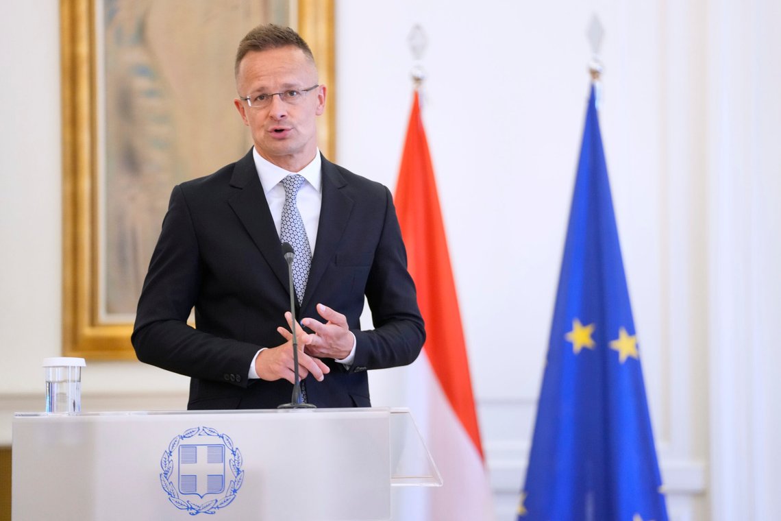 Hungary's Foreign Minister Peter Szijjarto Giorgos speaks during a joint news conference with his Greek counterpart in Athens, on Wednesday, June 18, 2025. (AP Photo/Petros Giannakouris) Hungary's Foreign Minister Peter Szijjarto Giorgos speaks during a joint news conference with his Greek counterpart in Athens, on Wednesday, June 18, 2025. (AP Photo/Petros Giannakouris)