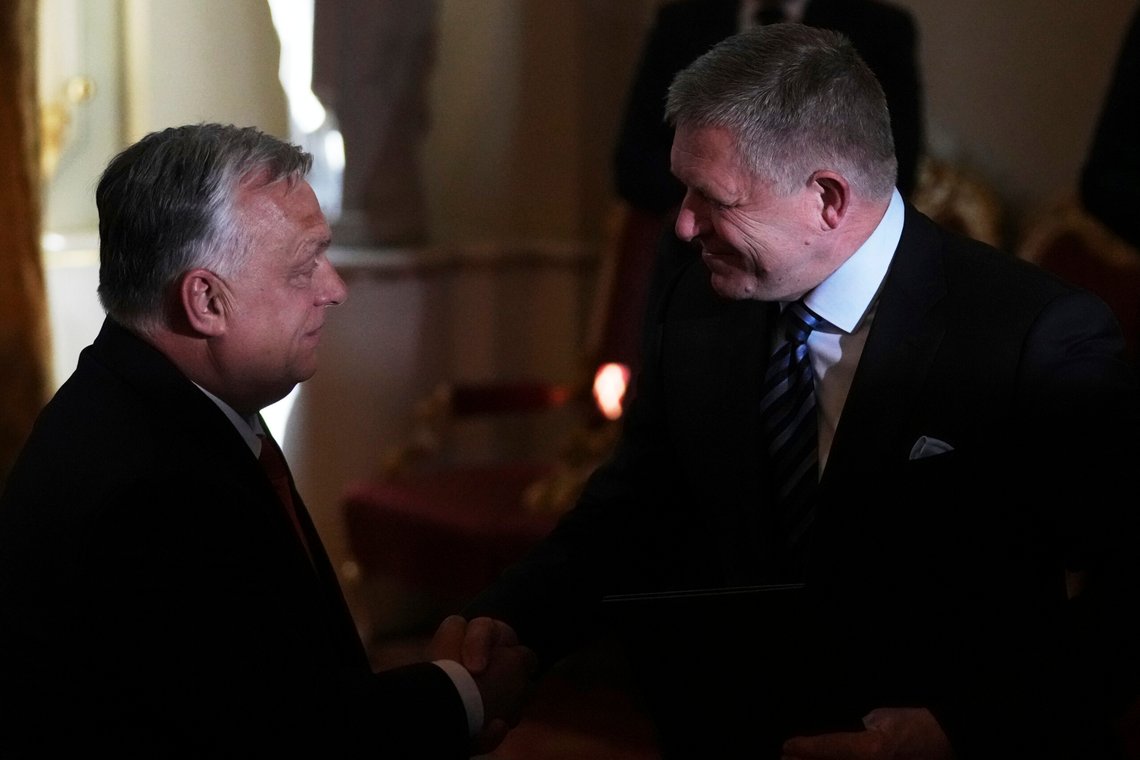 Slovakia's Prime Minister Robert Fico, right, shake hands with his Hungarian counterpart Viktor Orban before their joint press conference as they meet in Bratislava, Slovakia, Monday, April 28, 2025. (AP Photo/Petr David Josek) Slovakia's Prime Minister Robert Fico, right, shake hands with his Hungarian counterpart Viktor Orban before their joint press conference as they meet in Bratislava, Slovakia, Monday, April 28, 2025. (AP Photo/Petr David Josek)