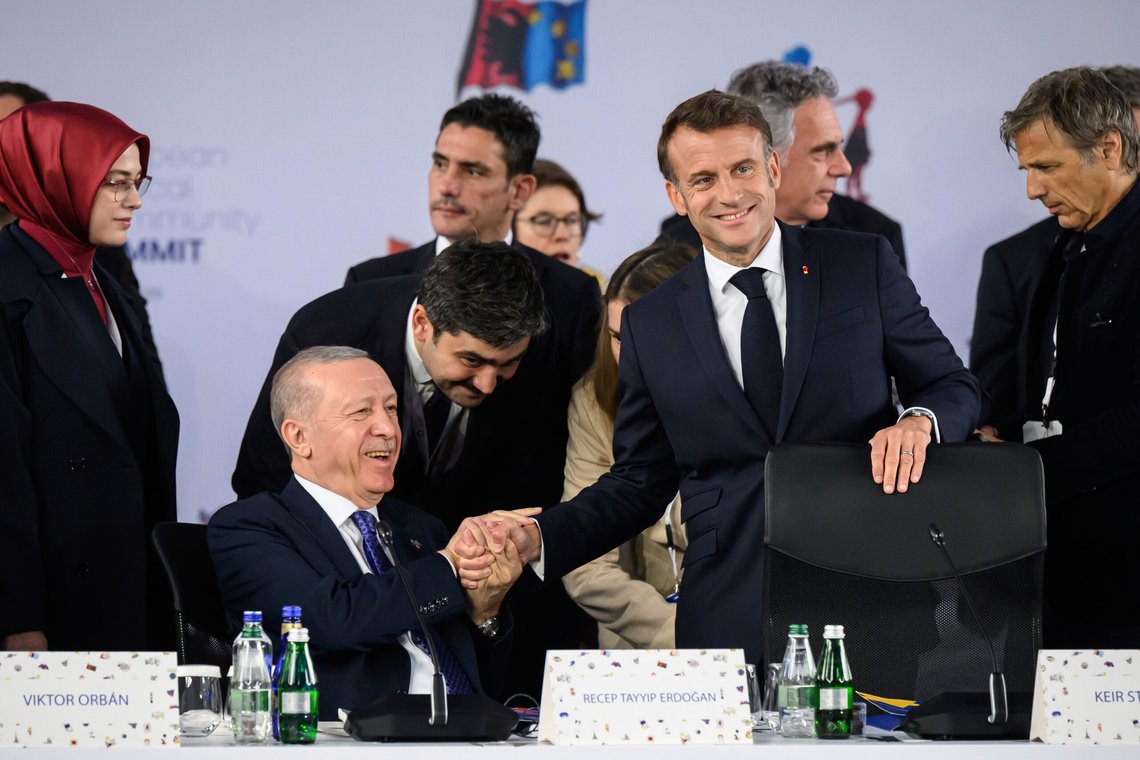 Turkish President Recep Tayyip Erdogan, left, talks with President of France Emmanuel Macron, right, ahead of a summit where the leaders of 47 European countries and organizations will discuss security, defense and democratic standards, in Tirana, Albania, Friday, May 16, 2025. (Leon Neal/Pool via AP) Turkish President Recep Tayyip Erdogan, left, talks with President of France Emmanuel Macron, right, ahead of a summit where the leaders of 47 European countries and organizations will discuss security, defense and democratic standards, in Tirana, Albania, Friday, May 16, 2025. (Leon Neal/Pool via AP)