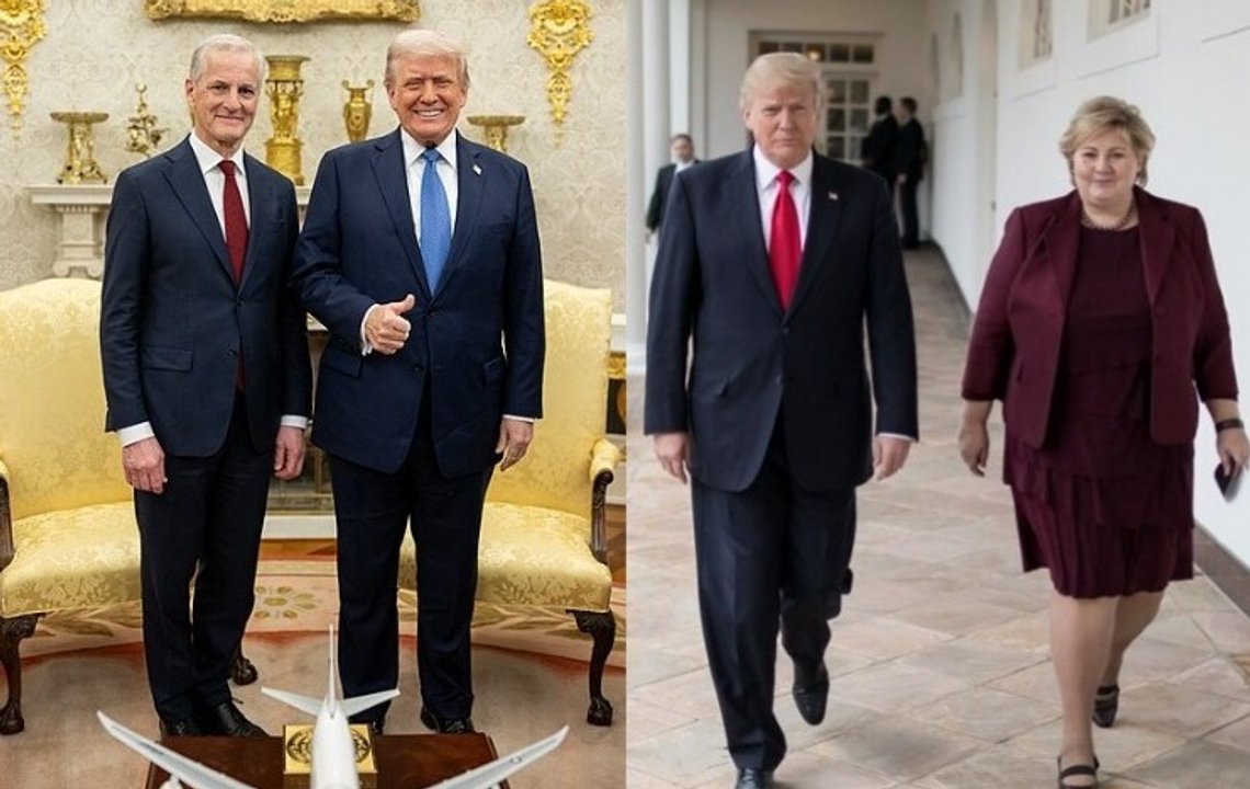President Donald Trump poserer for et bilde sammen med Norges statsminister Gahr Støre, 24. april 2025, i Det ovale kontor. Offisielt bilde fra Det hvite hus tatt av Daniel Torok. President Donald Trump og Norges statsminister Erna Solberg. 10. januar 2018. Forfatter: Offisielt bilde fra Det hvite hus tatt av D. Myles Cullen. Wikimedia. President Donald Trump poserer for et bilde sammen med Norges statsminister Gahr Støre, 24. april 2025, i Det ovale kontor. Offisielt bilde fra Det hvite hus tatt av Daniel Torok. President Donald Trump og Norges statsminister Erna Solberg. 10. januar 2018. Forfatter: Offisielt bilde fra Det hvite hus tatt av D. Myles Cullen. Wikimedia.