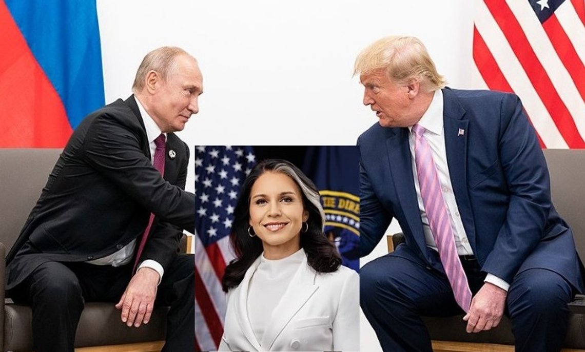 Fotomontasje: President Donald J. Trump møter Russlands president Vladimir Putin under G20-toppmøtet i Japan fredag 28. juni 2019 i Osaka, Japan. Offisielt bilde fra Det hvite hus tatt av Shealah Craighead/Wikipedia. Offisielt portrett av direktøren for nasjonal etterretning, Tulsi Gabbard. 3. mars 2025. Foto: Wikimedia. Fotomontasje: President Donald J. Trump møter Russlands president Vladimir Putin under G20-toppmøtet i Japan fredag 28. juni 2019 i Osaka, Japan. Offisielt bilde fra Det hvite hus tatt av Shealah Craighead/Wikipedia. Offisielt portrett av direktøren for nasjonal etterretning, Tulsi Gabbard. 3. mars 2025. Foto: Wikimedia.