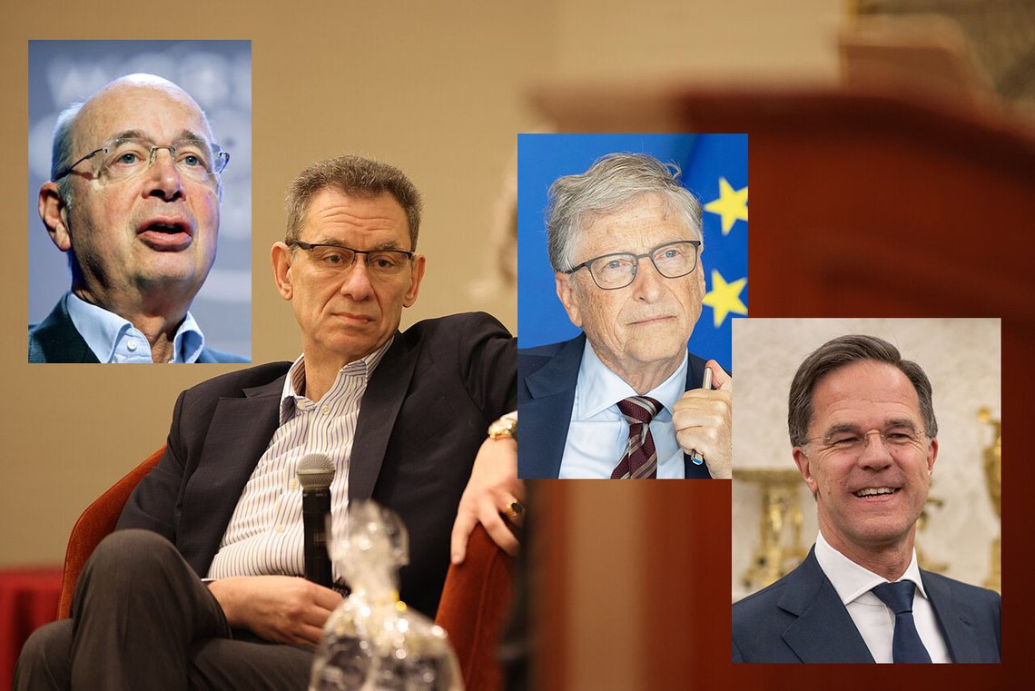 Pfizers sjef Albert Bourla. Innfeldt fra venstre Klaus Schwab, Bill Gates og Mark Rutte, alle fra Wikimedia Commons. Bakgrunnsbilde: Abhiram Juvvadi CC BY-SA 4.0 Pfizers sjef Albert Bourla. Innfeldt fra venstre Klaus Schwab, Bill Gates og Mark Rutte, alle fra Wikimedia Commons. Bakgrunnsbilde: Abhiram Juvvadi CC BY-SA 4.0