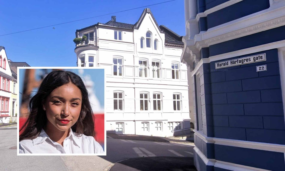 Krysset mellom Harald Hårfagres og Hans Holmboes gater i Bergen. Innfelt: SV-politiker Eira Garrido (29). (Foto: Google/Facebook) Krysset mellom Harald Hårfagres og Hans Holmboes gater i Bergen. Innfelt: SV-politiker Eira Garrido (29). (Foto: Google/Facebook)
