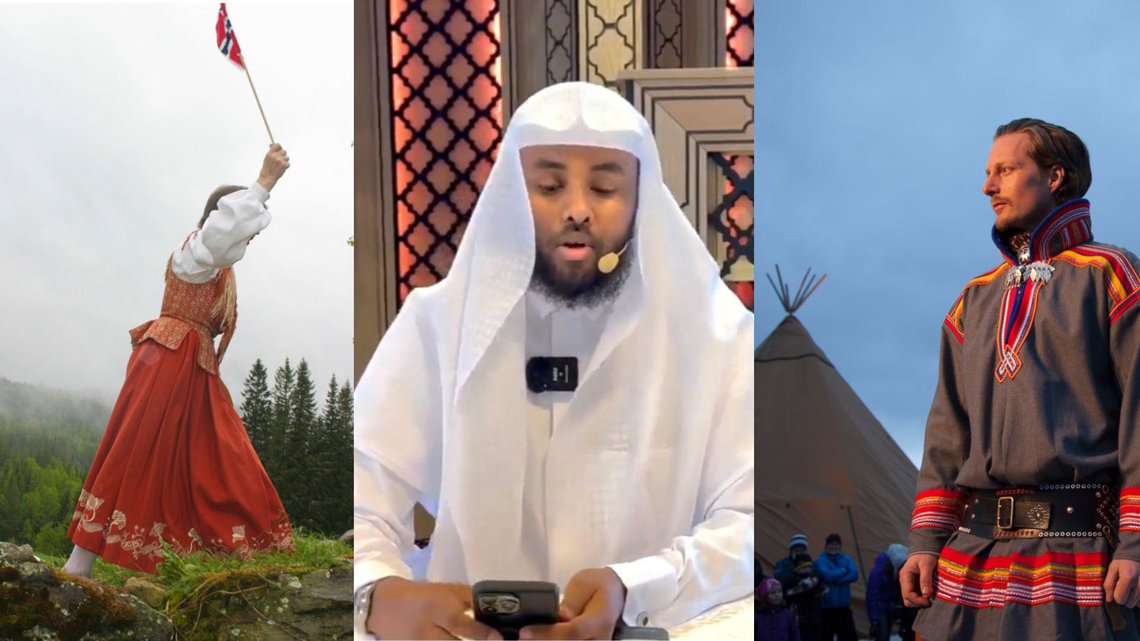 Eksempler på ulike norske bunader. Til venstre en trønderbunad, til høyre en samisk gapta fra en sørsamisk motevisning, og i midten antrekk vist av en av imamene i den somaliske moskeen i Oslo, Tawfiiq Islamsk Senter. Foto: Bente Haarstad/Facebook. Eksempler på ulike norske bunader. Til venstre en trønderbunad, til høyre en samisk gapta fra en sørsamisk motevisning, og i midten antrekk vist av en av imamene i den somaliske moskeen i Oslo, Tawfiiq Islamsk Senter. Foto: Bente Haarstad/Facebook.
