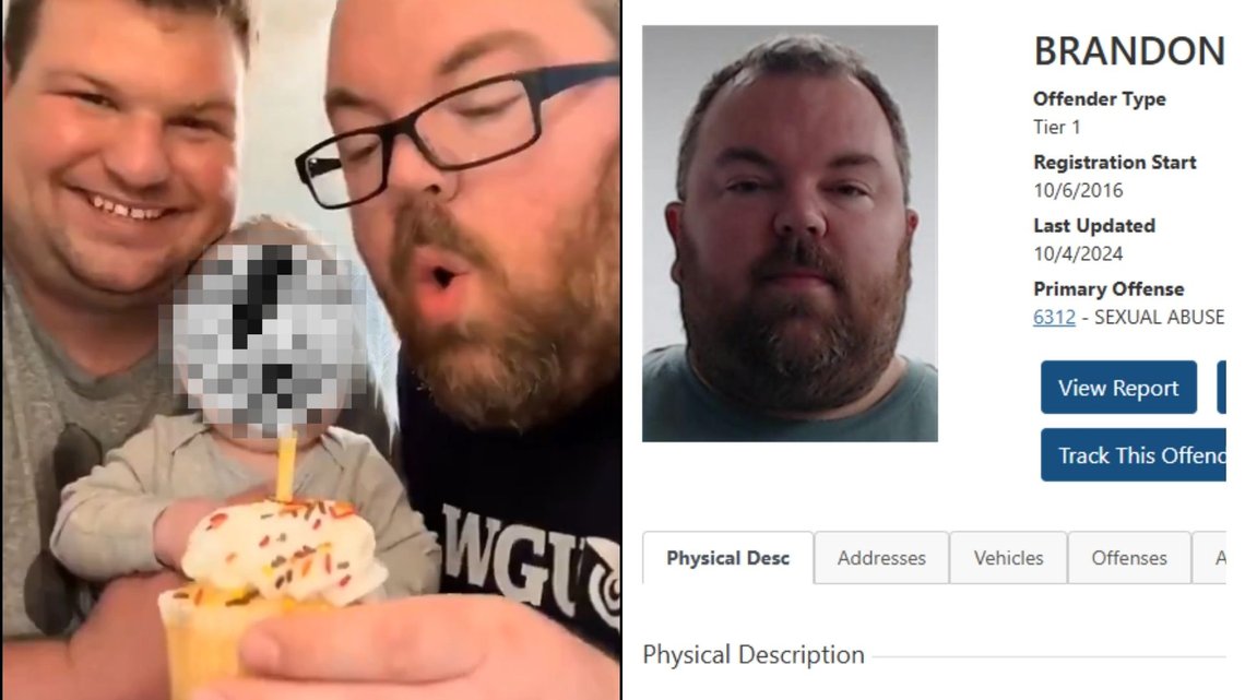 PEDOFIL: Seksualforbryteren Brandon Keith Riley-Mitchell (36) (t.h.) sikret seg en nyfødt sønn via surrogati, på tross av at å være dømt for overgrep mot barn. Foto: X PEDOFIL: Seksualforbryteren Brandon Keith Riley-Mitchell (36) (t.h.) sikret seg en nyfødt sønn via surrogati, på tross av at å være dømt for overgrep mot barn. Foto: X