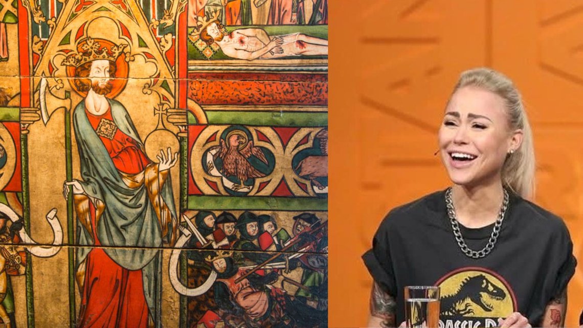 Ingeborg Snneset er valgt til Stiklestadprofil 2025. Her sammen med Olav den hellige, slik han ble skilderet i Olavsfrontalet fra ca 1300, som har stått i Nidarosdomen. Til høyre Ingeborg Sennesets profilbilde fra Facebook.