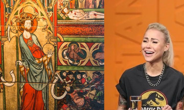 Ingeborg Snneset er valgt til Stiklestadprofil 2025. Her sammen med Olav den hellige, slik han ble skilderet i Olavsfrontalet fra ca 1300, som har stått i Nidarosdomen. Til høyre Ingeborg Sennesets profilbilde fra Facebook.