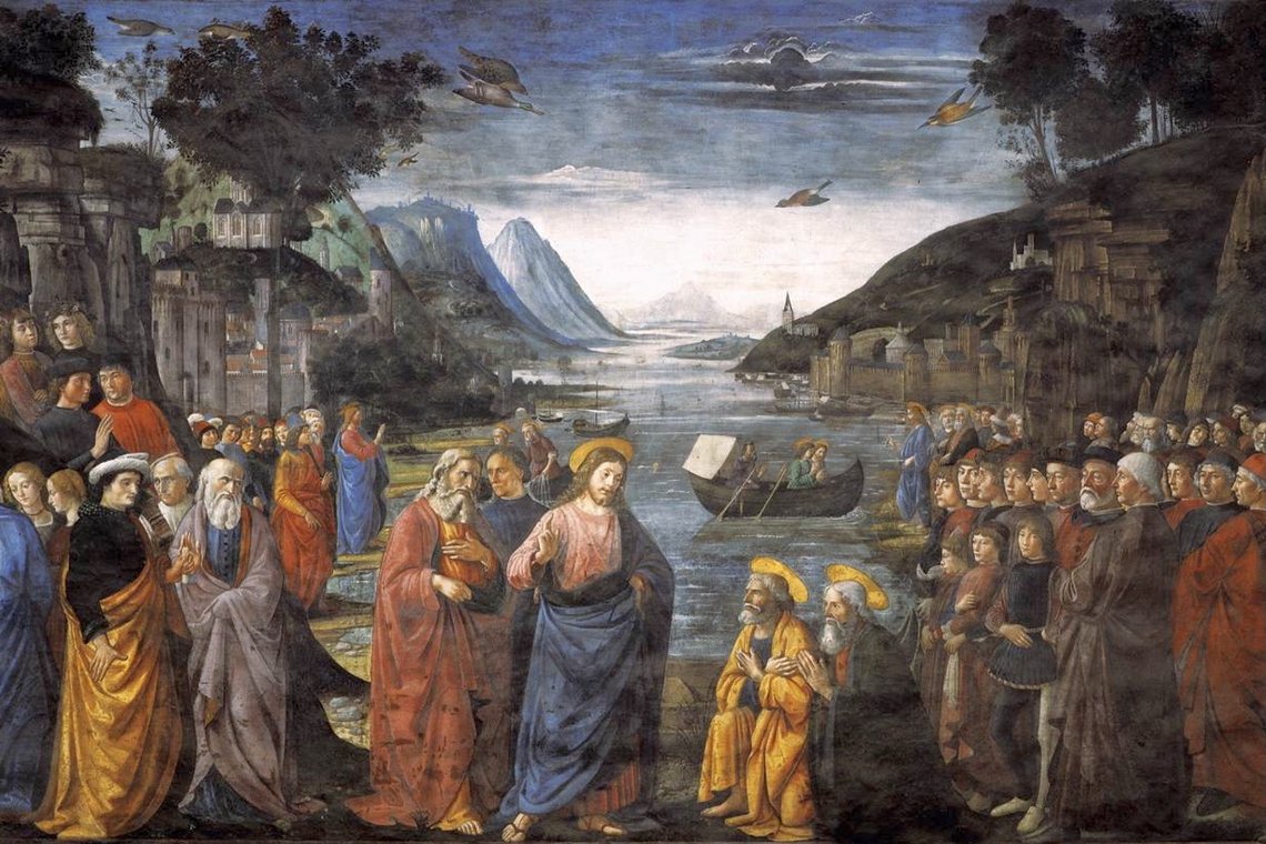 Domenico Ghirlandaio (1448–1494), «Jesus kaller de første disiplene», Det sixtinske kapell, Vatikanet. Domenico Ghirlandaio (1448–1494), «Jesus kaller de første disiplene», Det sixtinske kapell, Vatikanet.