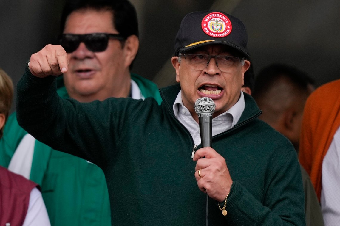 FILE - Colombian President Gustavo Petro speaks at the International Workers' Day march in Bogota, Colombia, May 1, 2024. In recognition for
his "defense of the Palestinians" Petro was gifted the “Great Necklace of the State of Palestine” by Palestinian diplomats on June 3, 2024, as he reiterated the comparison between Israel’s war actions in Gaza and the Nazi concentration camps of World War II. (AP Photo/Fernando Vergara, File) FILE - Colombian President Gustavo Petro speaks at the International Workers' Day march in Bogota, Colombia, May 1, 2024. In recognition for
his "defense of the Palestinians" Petro was gifted the “Great Necklace of the State of Palestine” by Palestinian diplomats on June 3, 2024, as he reiterated the comparison between Israel’s war actions in Gaza and the Nazi concentration camps of World War II. (AP Photo/Fernando Vergara, File)
