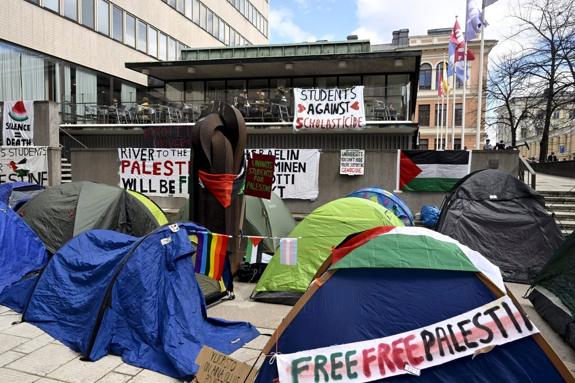 Students demonstrate supporting Palestinians, camping outside the Helsinki University in Helsinki, Finland, Tuesday May 7, 2024. (Markku Ulander/Lehtikuva via AP) Students demonstrate supporting Palestinians, camping outside the Helsinki University in Helsinki, Finland, Tuesday May 7, 2024. (Markku Ulander/Lehtikuva via AP)
