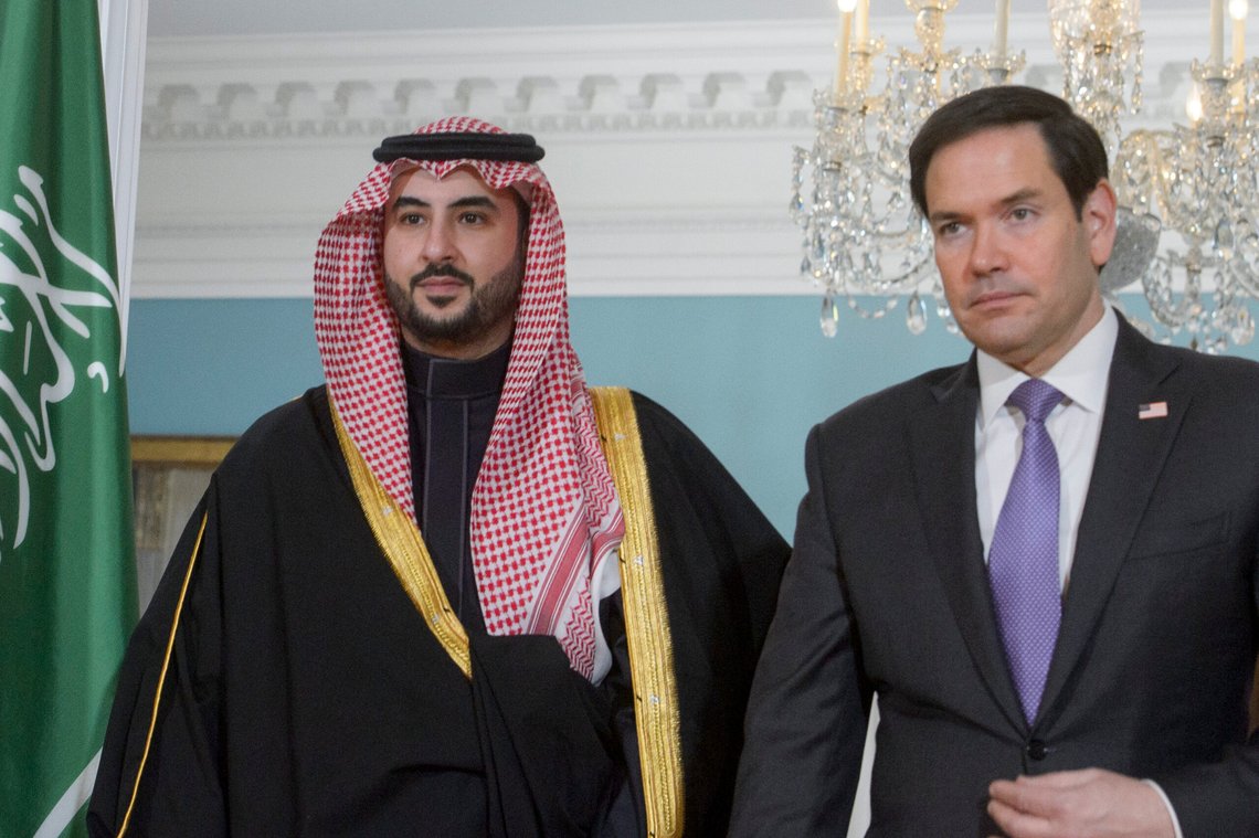 Secretary of State Marco Rubio right, meets with Saudi Arabia's Defense Minister Prince Khalid bin Salman at the State Department, Tuesday, Feb. 25, 2025, in Washington. (AP Photo/Rod Lamkey, Jr.) Secretary of State Marco Rubio right, meets with Saudi Arabia's Defense Minister Prince Khalid bin Salman at the State Department, Tuesday, Feb. 25, 2025, in Washington. (AP Photo/Rod Lamkey, Jr.)
