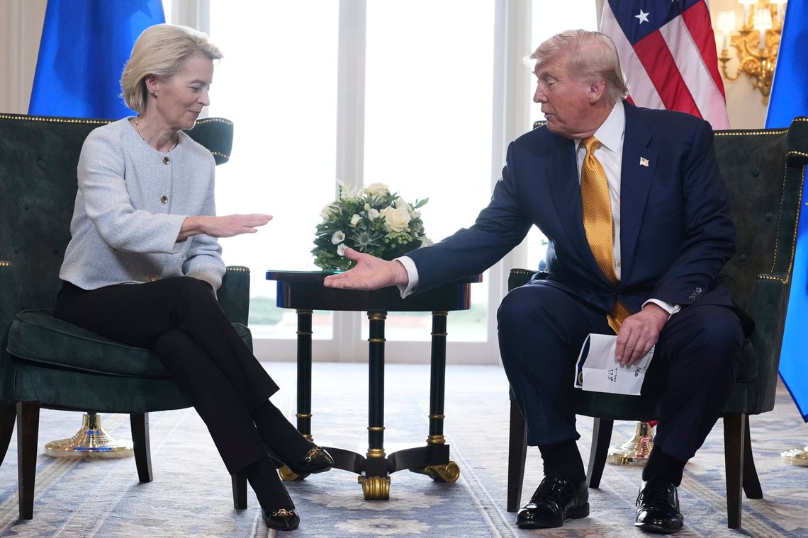 President Donald Trump and European Commission President Ursula von der Leyen shake hands after reaching a trade deal at the Trump Turnberry golf course in Turnberry, Scotland Sunday, July 27, 2025. (AP Photo/Jacquelyn Martin) President Donald Trump and European Commission President Ursula von der Leyen shake hands after reaching a trade deal at the Trump Turnberry golf course in Turnberry, Scotland Sunday, July 27, 2025. (AP Photo/Jacquelyn Martin)