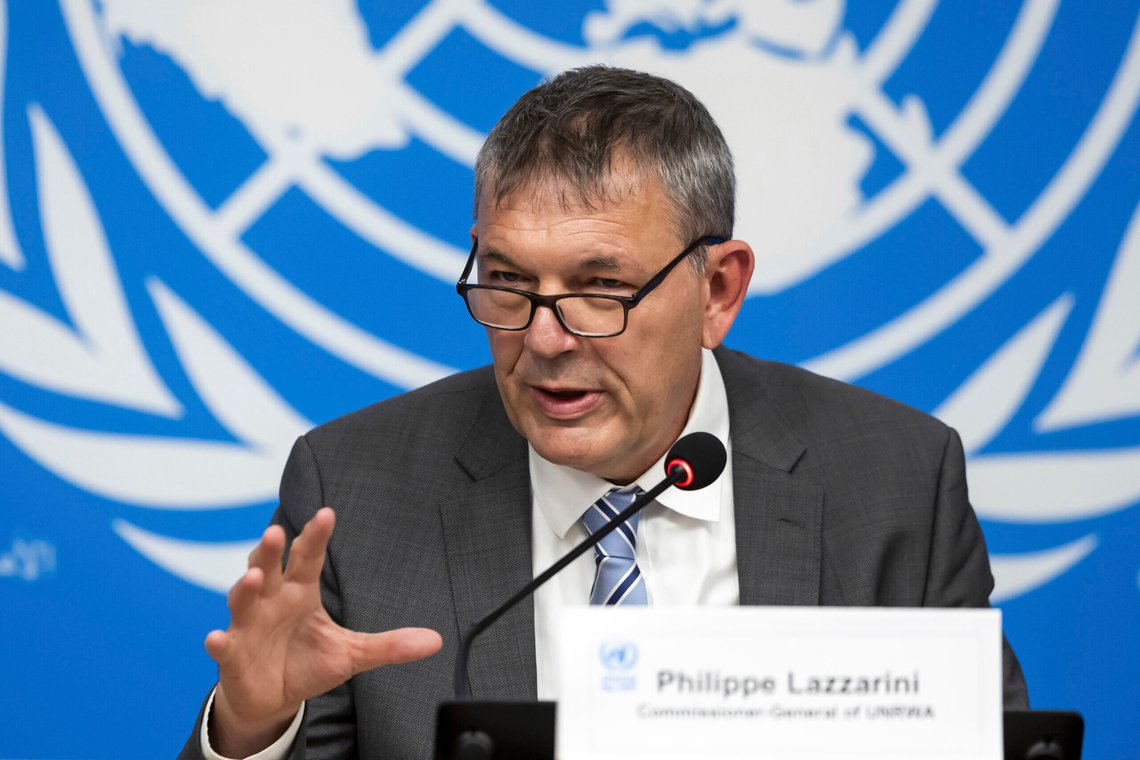 Philippe Lazzarini, Commissioner General of the United Nations Relief and Works Agency for Palestinian Refugees in the Near East (UNRWA), speaks during a press conference at the European headquarters of the United Nations in Geneva, Switzerland, Monday, Sept. 30, 2024. (Salvatore Di Nolfi/Keystone via AP) Philippe Lazzarini, Commissioner General of the United Nations Relief and Works Agency for Palestinian Refugees in the Near East (UNRWA), speaks during a press conference at the European headquarters of the United Nations in Geneva, Switzerland, Monday, Sept. 30, 2024. (Salvatore Di Nolfi/Keystone via AP)