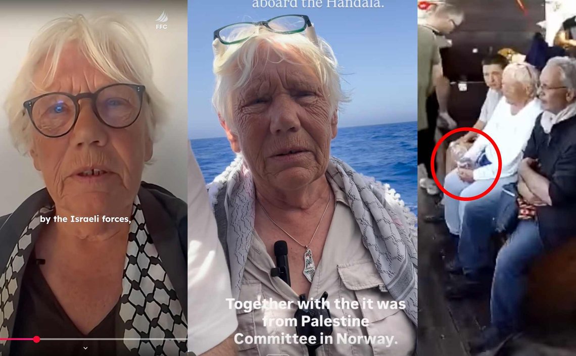 Fra videoen som ble sendt fra «Handala» på vei mot Gaza ser vi Vigdis Bjorvatn (70) sittende midtskips med en plastflaske som kan se ut som den er fylt med noe annet enn vann. (Stillbilder fra video/Freedom Flotilla Coalition) Fra videoen som ble sendt fra «Handala» på vei mot Gaza ser vi Vigdis Bjorvatn (70) sittende midtskips med en plastflaske som kan se ut som den er fylt med noe annet enn vann. (Stillbilder fra video/Freedom Flotilla Coalition)