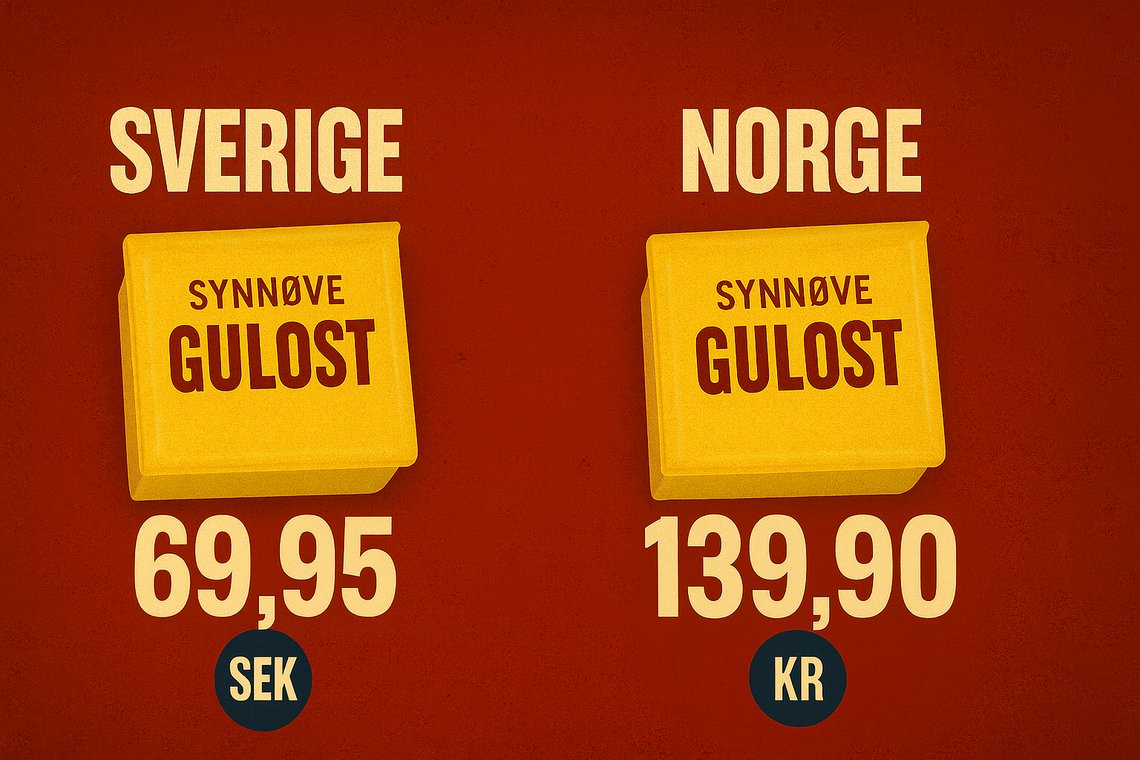 DOBBEL PRIS: Synnøve Gulost får du til 69,95 kroner kiloen i Sverige, mot 139,90 kroner i Norge. Foto: Illustrasjon DOBBEL PRIS: Synnøve Gulost får du til 69,95 kroner kiloen i Sverige, mot 139,90 kroner i Norge. Foto: Illustrasjon
