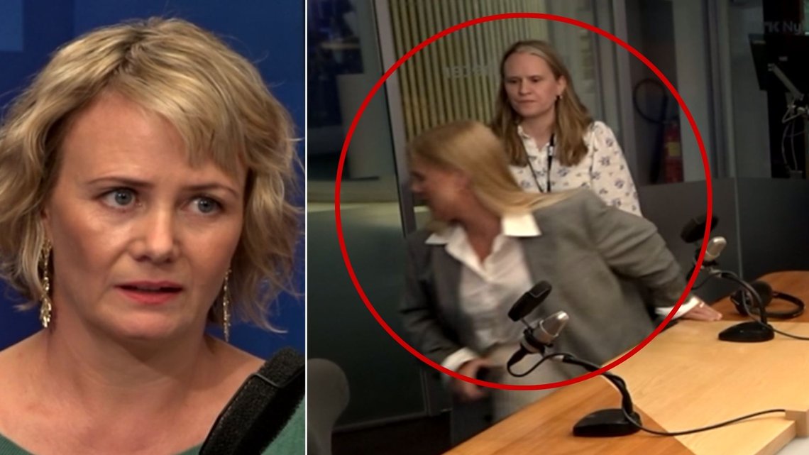 KASTET UT: Her blir Gyda Oddekalv fra Generasjonspartiet kastet ut av studioet, etter dårlig oppførsel gjennom hele sendingen. NRK-programleder Sigrid Sollund (t.v.) ba henne om å gå ut. Foto: NRK KASTET UT: Her blir Gyda Oddekalv fra Generasjonspartiet kastet ut av studioet, etter dårlig oppførsel gjennom hele sendingen. NRK-programleder Sigrid Sollund (t.v.) ba henne om å gå ut. Foto: NRK