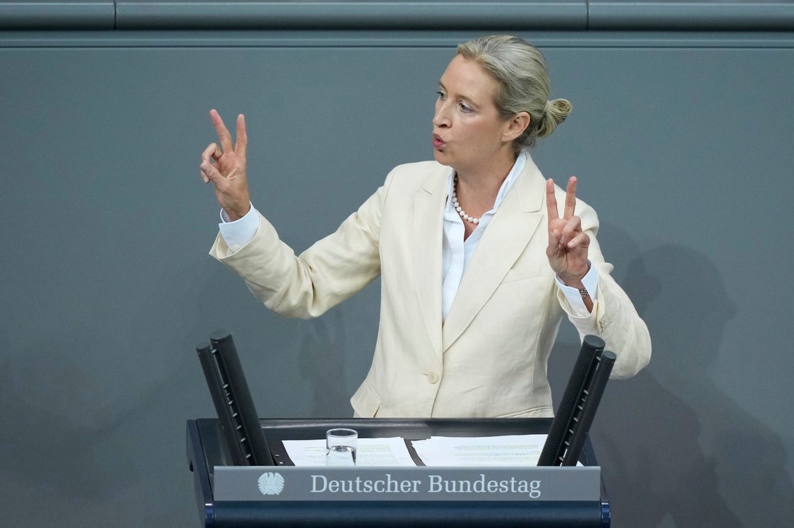 Alice Weidel, co-leader of the Alternative for Germany Party (AfD) gestures during a debate about the budget 2025 at the German parliament Bundestag in Berlin, Germany, Wednesday, July 9, 2025. (AP Photo/Ebrahim Noroozi) Alice Weidel, co-leader of the Alternative for Germany Party (AfD) gestures during a debate about the budget 2025 at the German parliament Bundestag in Berlin, Germany, Wednesday, July 9, 2025. (AP Photo/Ebrahim Noroozi)