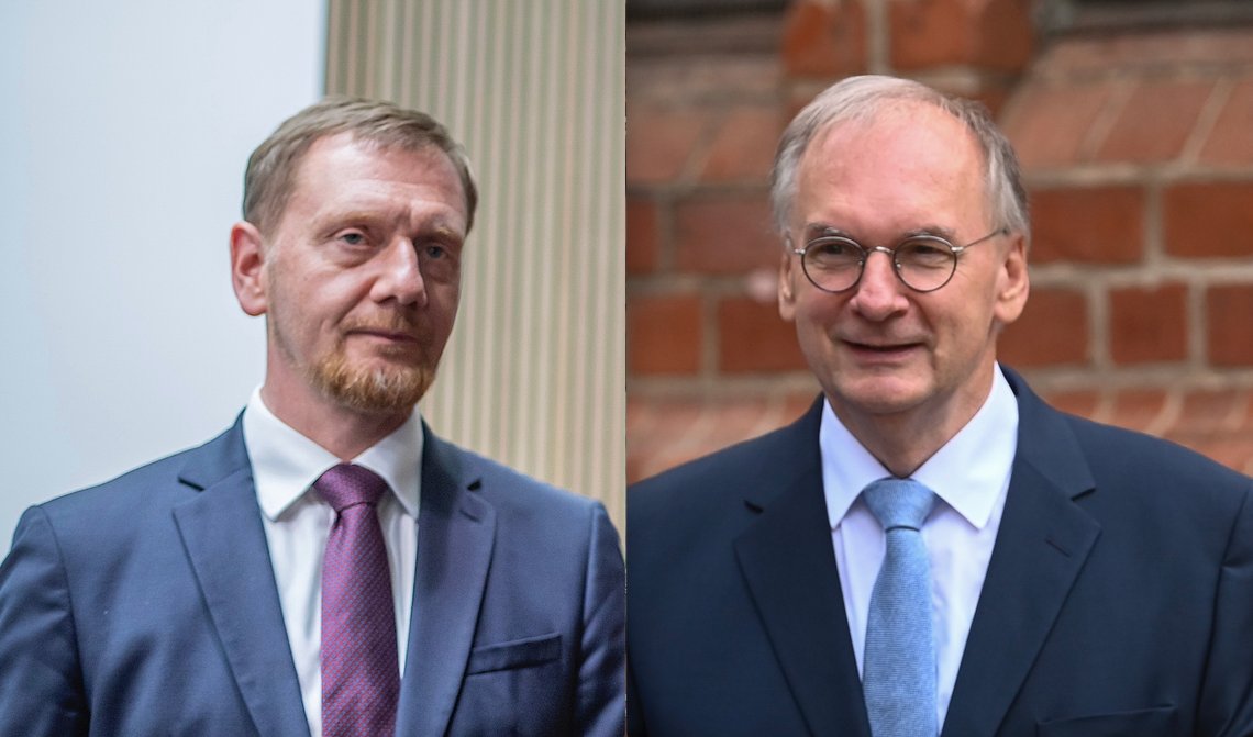 Michael Kretschmer og Reiner Haseloff. Foto: Michael Kappeler / DPA og Hendrik Schmidt / Pool – begge via AP / NTB. Michael Kretschmer og Reiner Haseloff. Foto: Michael Kappeler / DPA og Hendrik Schmidt / Pool – begge via AP / NTB.