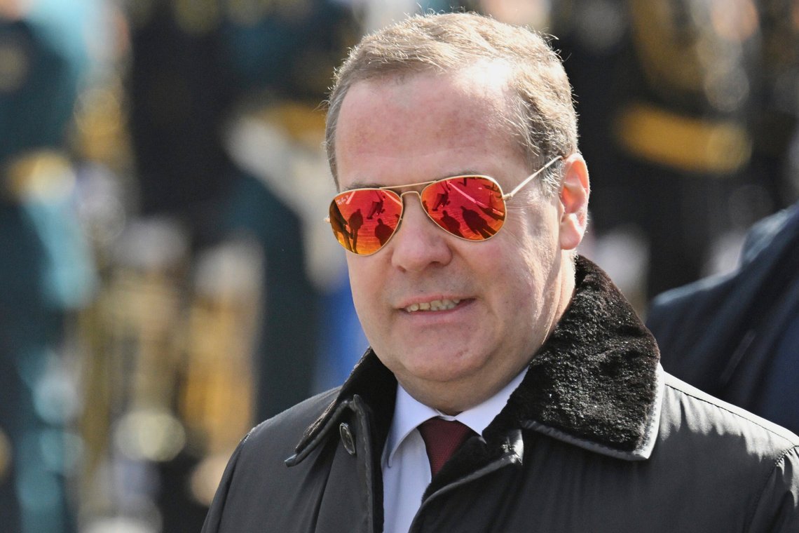 Russian Security Council Deputy Chairman and the head of the United Russia party Dmitry Medvedev attends the Victory Day military parade in Moscow, Russia, Friday, May 9, 2025, during celebrations of the 80th anniversary of the Soviet Union's victory over Nazi Germany during the World War II. (Ilya Pitalev/Photo host agency RIA Novosti via AP) Russian Security Council Deputy Chairman and the head of the United Russia party Dmitry Medvedev attends the Victory Day military parade in Moscow, Russia, Friday, May 9, 2025, during celebrations of the 80th anniversary of the Soviet Union's victory over Nazi Germany during the World War II. (Ilya Pitalev/Photo host agency RIA Novosti via AP)