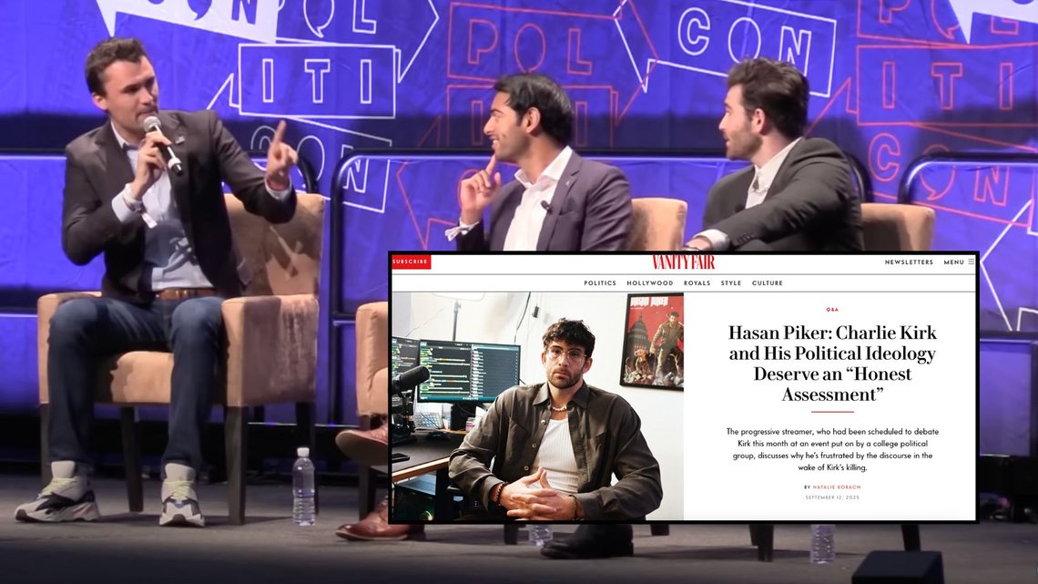 DEBATT: Charlie Kirk og Hasan Piker i debatt i 2018. Foto: Skjermdump/Youtube, Skjermdump/Vanity Fair. DEBATT: Charlie Kirk og Hasan Piker i debatt i 2018. Foto: Skjermdump/Youtube, Skjermdump/Vanity Fair.