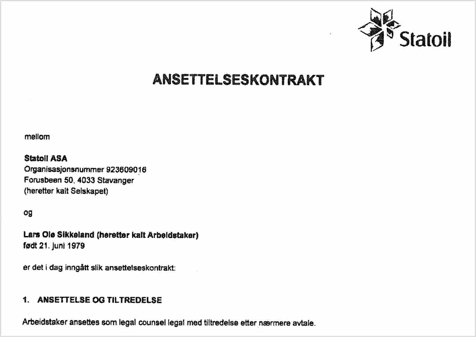 Ansettelseskontrakt Statoil ASA – Lars Ole Sikkeland