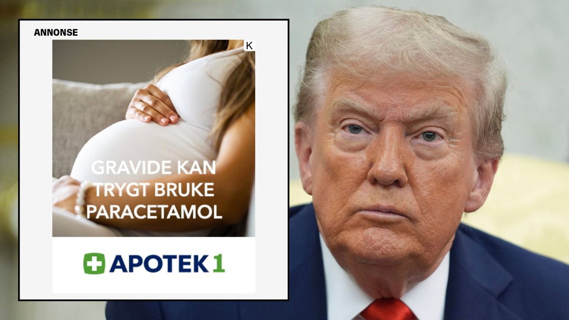 NY REKLAMEKAMPANJE: Apotek1 har rullet ut en ny reklamekampanje. Kampanjen kom etter en Harvard-studie som peker på en sammenheng mellom paracetamolbruk under graviditet og autisme ble publisert. Foto: Skjermdump/Nettavisen.no, AP Photo/Evan Vucci. NY REKLAMEKAMPANJE: Apotek1 har rullet ut en ny reklamekampanje. Kampanjen kom etter en Harvard-studie som peker på en sammenheng mellom paracetamolbruk under graviditet og autisme ble publisert. Foto: Skjermdump/Nettavisen.no, AP Photo/Evan Vucci.