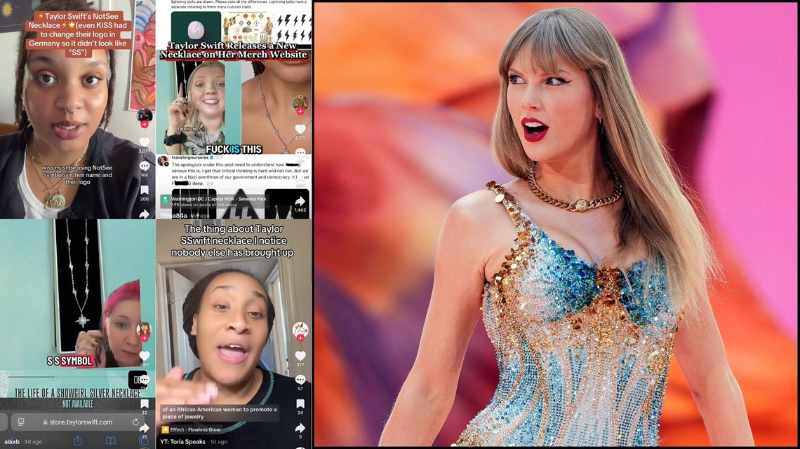 NAZI-SYMBOLER: Taylor Swifts nye merch-kolleksjon blir anklaget for å ha nazi-symbolikk. Foto: Skjermdump/TikTok, Scott A Garfitt/Invision/AP, File. NAZI-SYMBOLER: Taylor Swifts nye merch-kolleksjon blir anklaget for å ha nazi-symbolikk. Foto: Skjermdump/TikTok, Scott A Garfitt/Invision/AP, File.