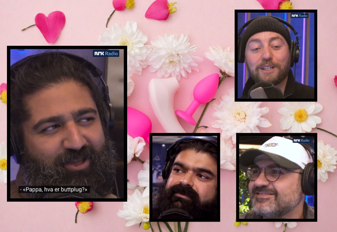 Fotocollage. Hovedfoto: Erotisk sexleketøy, vakuumvibrator og buttplugg på rosa blomsterbakgrunn. Shutterstock. Innsatte bilder: Skjermbilder fra NRKs “Med all respekt”, hvor programlederne diskuterer hvordan man skal snakke med barna om buttplugger, statskanalens folkeopplysning anno 2025. Fotocollage. Hovedfoto: Erotisk sexleketøy, vakuumvibrator og buttplugg på rosa blomsterbakgrunn. Shutterstock. Innsatte bilder: Skjermbilder fra NRKs “Med all respekt”, hvor programlederne diskuterer hvordan man skal snakke med barna om buttplugger, statskanalens folkeopplysning anno 2025.