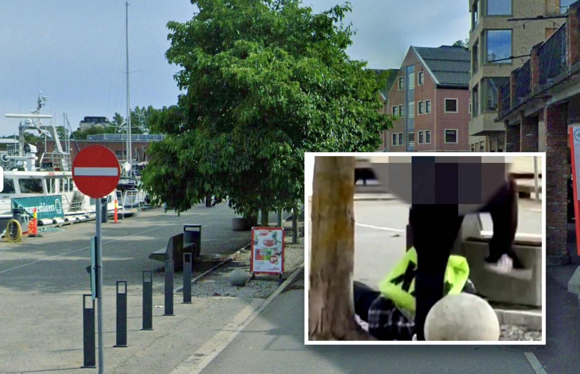 De tilfeldige angrepene skjedde ved Havnegaten i Holmestrand. Innfelt: Videostillbilde som viser at offeret trampes på hodet. (Foto: Google/Privat) De tilfeldige angrepene skjedde ved Havnegaten i Holmestrand. Innfelt: Videostillbilde som viser at offeret trampes på hodet. (Foto: Google/Privat)