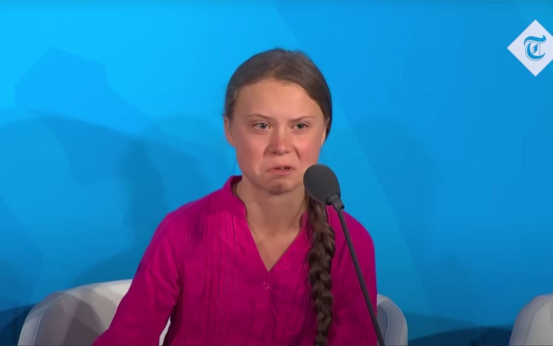 Greta Thunberg under sin «berømte/beryktede/latterlige» «how dare you»-tale. Videoklipp fra YouTube Greta Thunberg under sin «berømte/beryktede/latterlige» «how dare you»-tale. Videoklipp fra YouTube