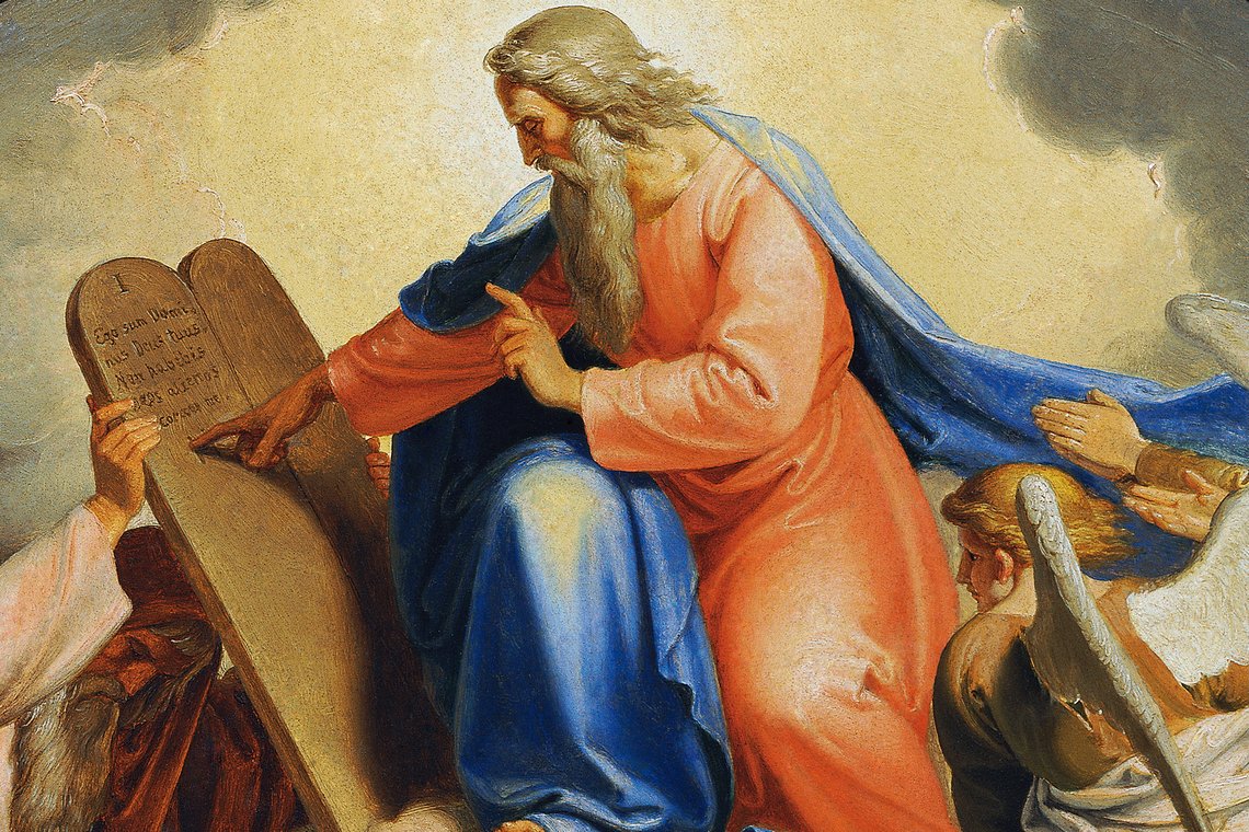 Joseph von Führich (1800–1876), «Gud skriver de ti bud til Moses på to steintavler på SInai-fjellet», Kunsthistorisches Museum, Wien. Joseph von Führich (1800–1876), «Gud skriver de ti bud til Moses på to steintavler på SInai-fjellet», Kunsthistorisches Museum, Wien.