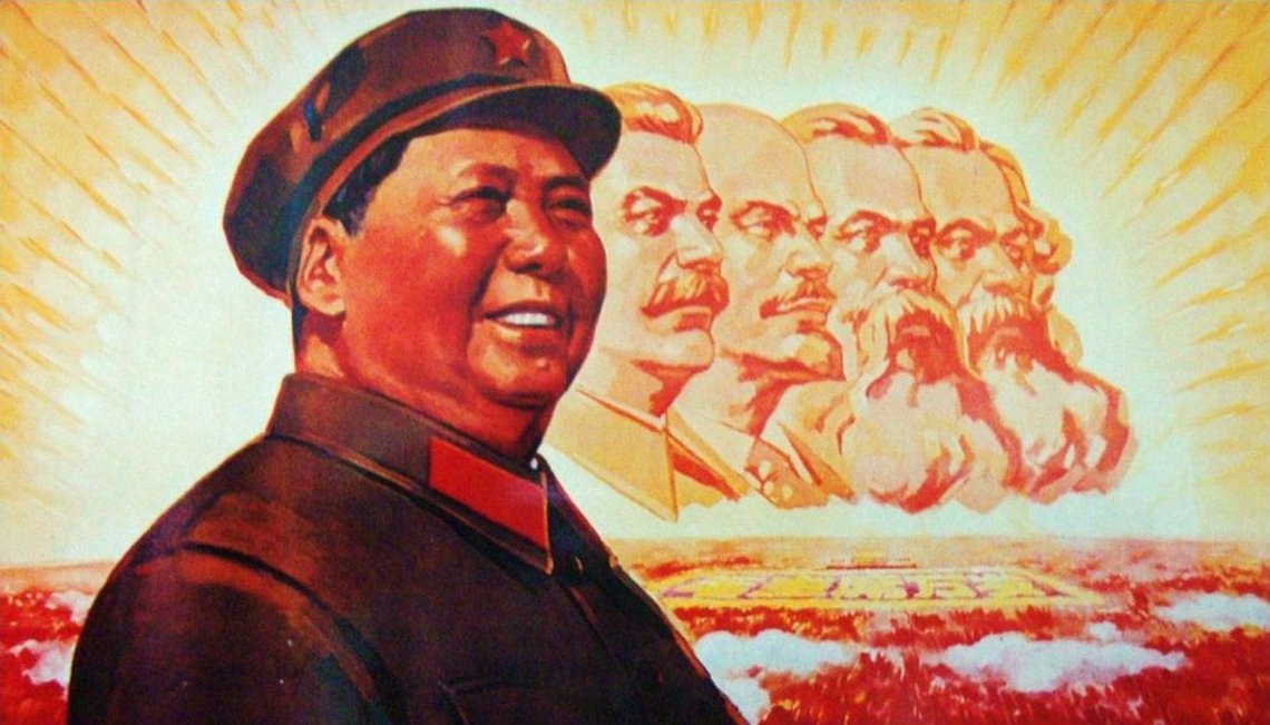 Propagandaplakat fra kulturrevolusjonen i Kina som viser Mao i forgrunnen og Stalin, Lenin, Marx og Engels i bakgrunnen. Propagandaplakat fra kulturrevolusjonen i Kina som viser Mao i forgrunnen og Stalin, Lenin, Marx og Engels i bakgrunnen.