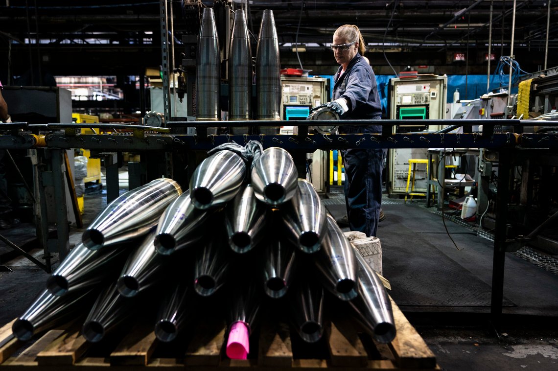 FILE -A steel worker moves a 155 mm M795 artillery projectile during the manufacturing process at the Scranton Army Ammunition Plant in Scranton, Pa., Thursday, April 13, 2023. (AP Photo/Matt Rourke, File) FILE -A steel worker moves a 155 mm M795 artillery projectile during the manufacturing process at the Scranton Army Ammunition Plant in Scranton, Pa., Thursday, April 13, 2023. (AP Photo/Matt Rourke, File)