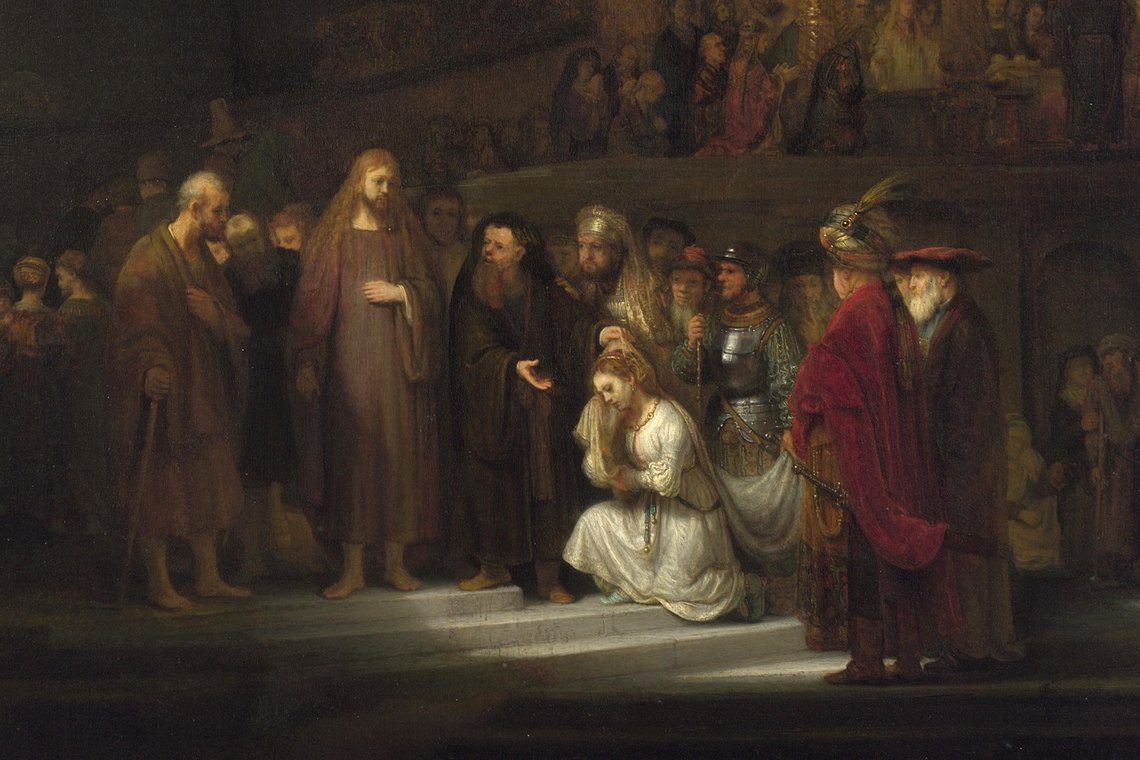 Rembrandt (1606–1669), «Jesus og kvinnen som ble grepet i hor», National Gallery, London. Rembrandt (1606–1669), «Jesus og kvinnen som ble grepet i hor», National Gallery, London.