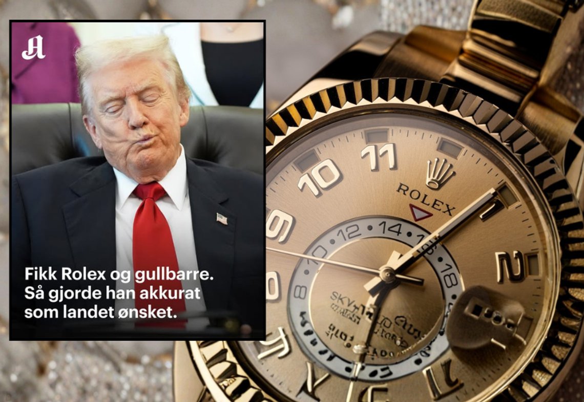 Fotocollage: Hovedbilde: 2025 Rolex Sky Dweller, Shutterstock. Innsatt bilde: Aftenposten via Facebook: Fikk Rolex og gullbarre – kuttet stort i tollsatsen til Sveits Fotocollage: Hovedbilde: 2025 Rolex Sky Dweller, Shutterstock. Innsatt bilde: Aftenposten via Facebook: Fikk Rolex og gullbarre – kuttet stort i tollsatsen til Sveits