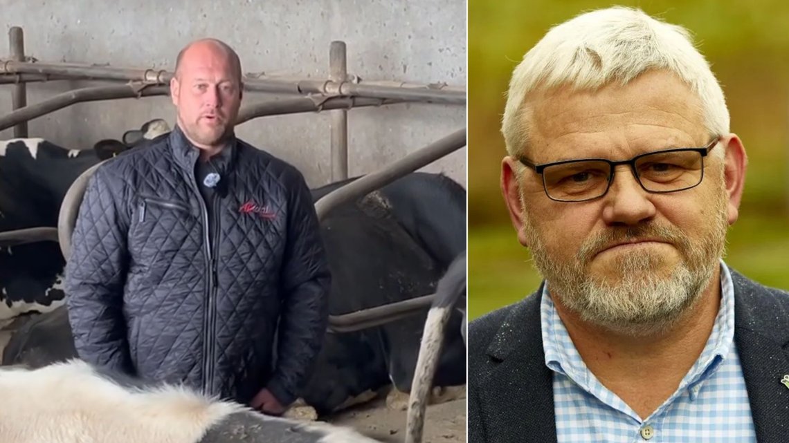 STOPP: Formann i Landsforeningen for melkeprodusenter, Kjartan Poulsen (t.h.) ber om at myndighetene dra i bremsen for å stoppe konsekvensene av Bovaer. Foto: X STOPP: Formann i Landsforeningen for melkeprodusenter, Kjartan Poulsen (t.h.) ber om at myndighetene dra i bremsen for å stoppe konsekvensene av Bovaer. Foto: X