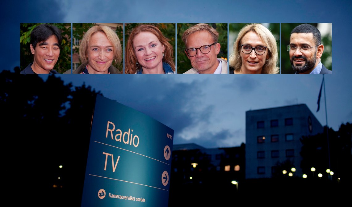 NRKs hovedkvarter på Marienlyst i Oslo i skumring (foto: Stian Lysberg Solum / NTB). Innfelte bilder av NRK-profilene Fredrik Solvang, Ingrid Stenvold, Åsa Vartdal og Espen Aas (foto: Terje Pedersen / NTB) samt Ingerid Stenvold og Yama Wolasmal (foto: Amanda Pedersen Giske / NTB). NRKs hovedkvarter på Marienlyst i Oslo i skumring (foto: Stian Lysberg Solum / NTB). Innfelte bilder av NRK-profilene Fredrik Solvang, Ingrid Stenvold, Åsa Vartdal og Espen Aas (foto: Terje Pedersen / NTB) samt Ingerid Stenvold og Yama Wolasmal (foto: Amanda Pedersen Giske / NTB).