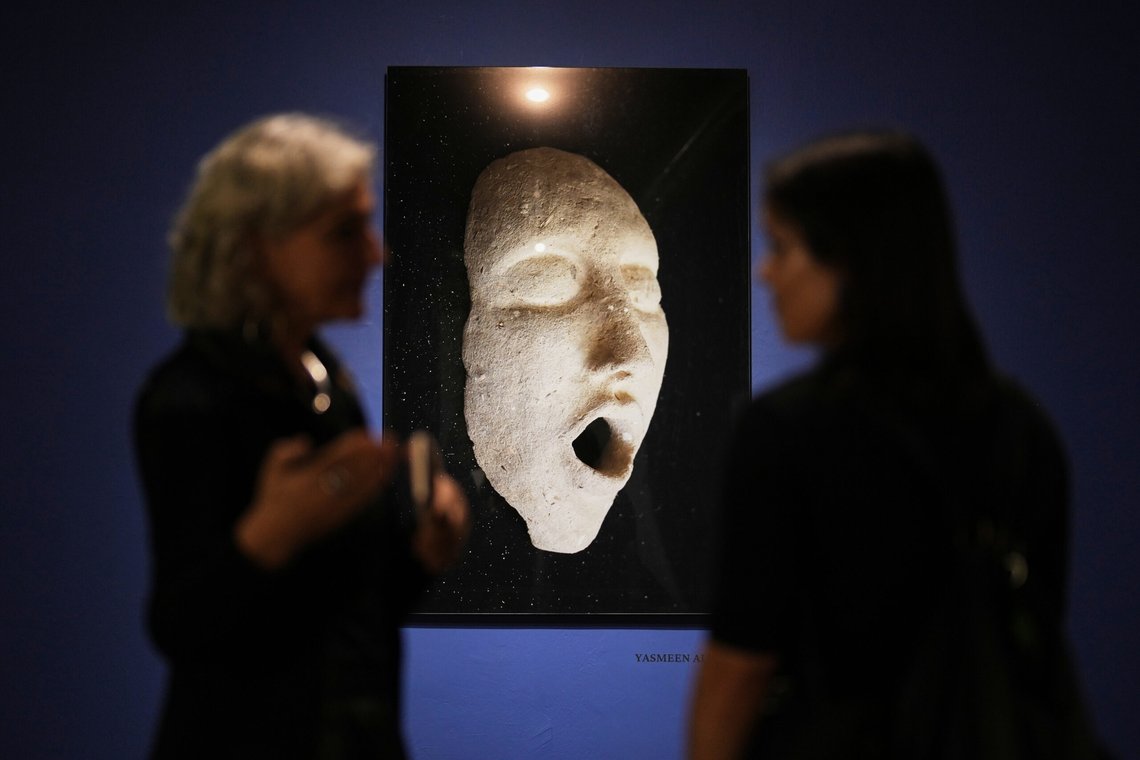 People stand next to a creation by Palestinian artist Yasmeen Al Daya, born in Gaza, during the 2025 Gaza Biennale art exhibition, in Istanbul, Turkey, Tuesday, Nov. 4, 2025. (AP Photo/Francisco Seco) People stand next to a creation by Palestinian artist Yasmeen Al Daya, born in Gaza, during the 2025 Gaza Biennale art exhibition, in Istanbul, Turkey, Tuesday, Nov. 4, 2025. (AP Photo/Francisco Seco)