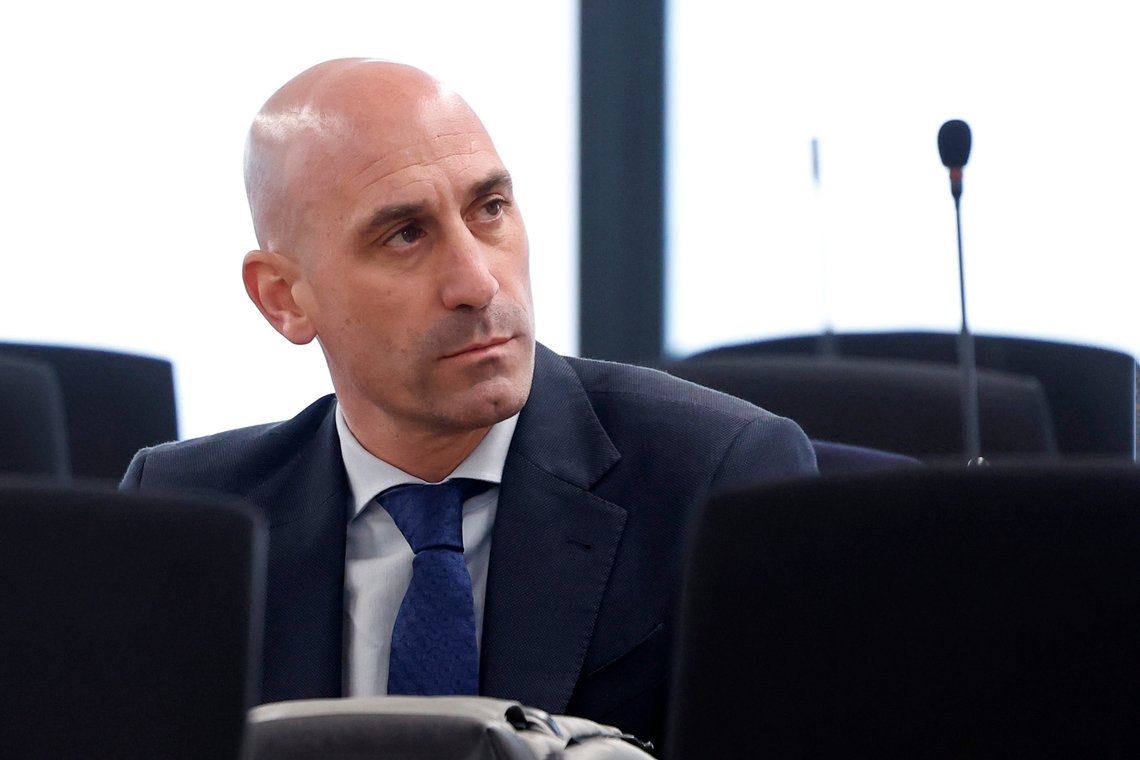 The former president of Spain's soccer federation Luis Rubiales sits in a courtroom on the outskirts of Madrid, Monday Feb. 3, 2025 where he goes on trial for his unsolicited kiss on forward Jenni Hermoso. (Chema Moya, Pool photo via AP) The former president of Spain's soccer federation Luis Rubiales sits in a courtroom on the outskirts of Madrid, Monday Feb. 3, 2025 where he goes on trial for his unsolicited kiss on forward Jenni Hermoso. (Chema Moya, Pool photo via AP)