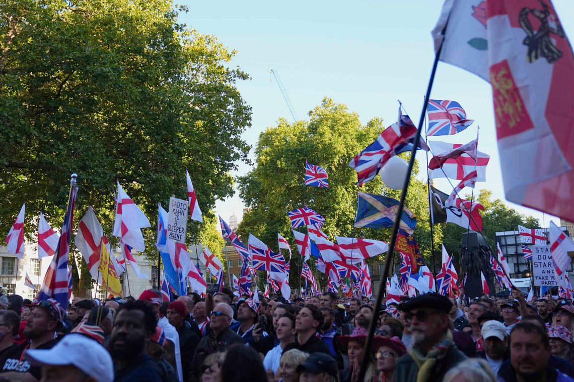 People demonstrate during the Tommy Robinson-led Unite the Kingdom march and rally, in London, Saturday Sept. 13, 2025. (AP Photo/Joanna Chan) People demonstrate during the Tommy Robinson-led Unite the Kingdom march and rally, in London, Saturday Sept. 13, 2025. (AP Photo/Joanna Chan)