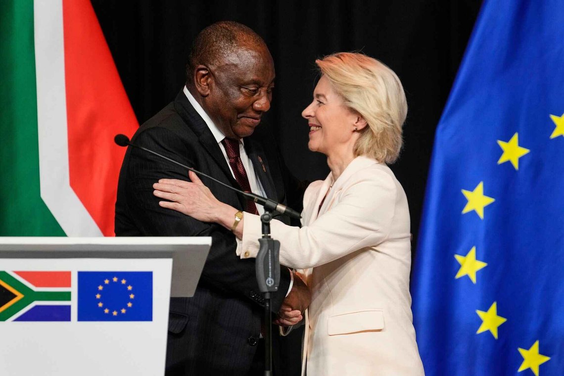 South African President Cyril Ramaphosa, left, and European Commission President Ursula von der Leyen at the end of their media conference in Johannesburg, South Africa, Thursday, Nov. 20, 2025. (AP Photo/Themba Hadebe) South African President Cyril Ramaphosa, left, and European Commission President Ursula von der Leyen at the end of their media conference in Johannesburg, South Africa, Thursday, Nov. 20, 2025. (AP Photo/Themba Hadebe)